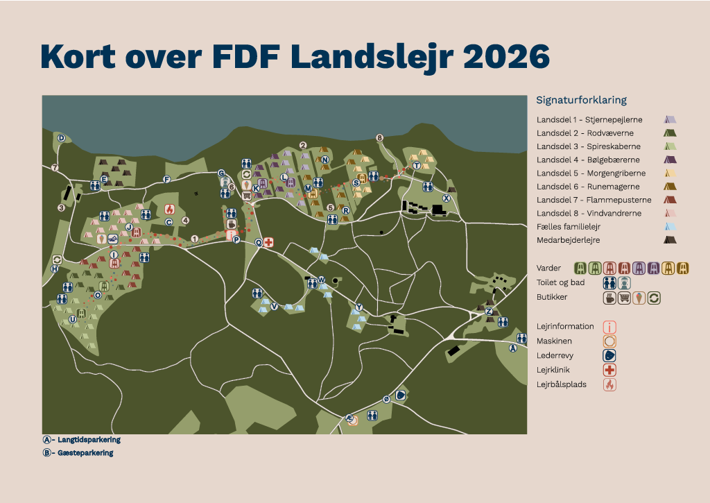 Kort over FDF Landslejr 2026 med landsdele, faciliteter og signaturforklaring